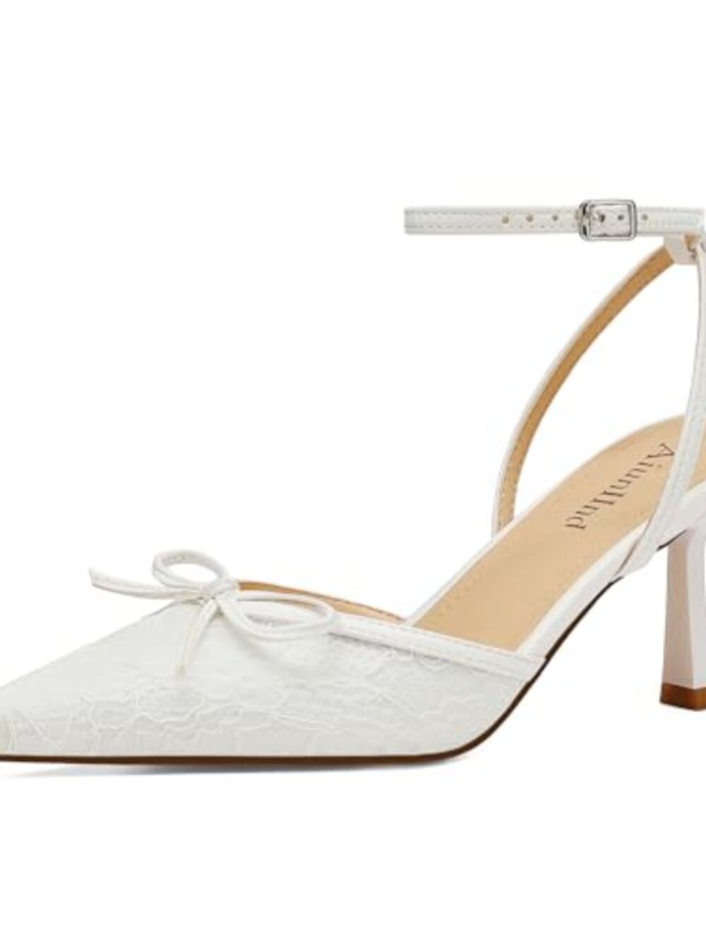 Lace Kitten Heel Pointed Toe Ankle Strap Pumps for Wedding Party